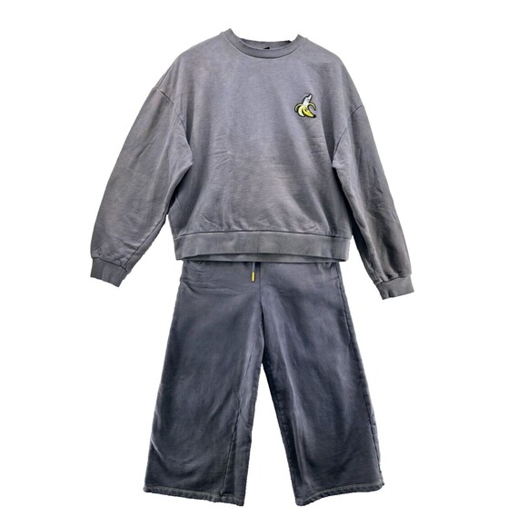 Lazy Oaf Banana Lounge Set Size S Gray 2 Piece Sweatshirt Pants Cropped Pockets - Picture 1 of 13